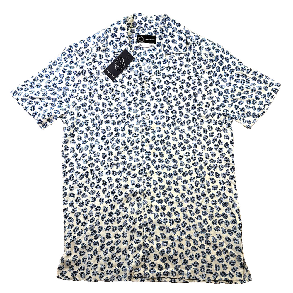 Original Use Men's Camp Collar Button-Front Shirt Blue Paisley Small NWT